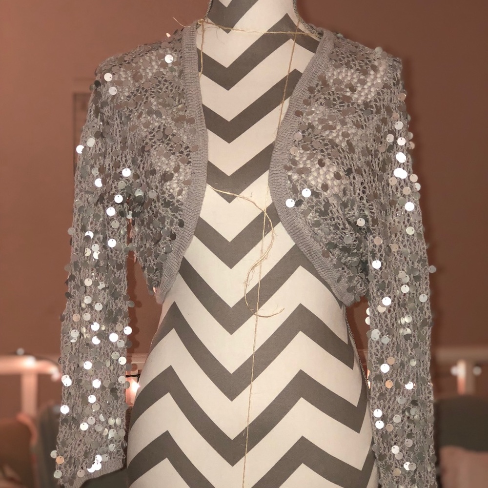 Cute silver sequin crochet crop sweater